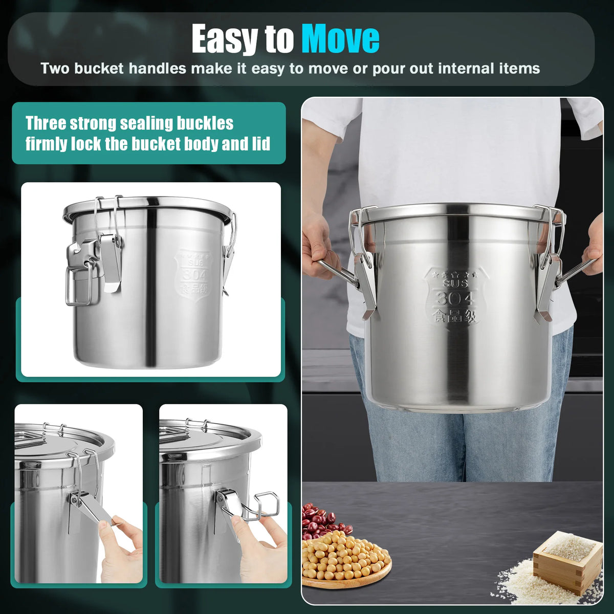 Bymaocar 12L Stainless Steel Airtight Kitchen Storage Bucket For Rice And Oil