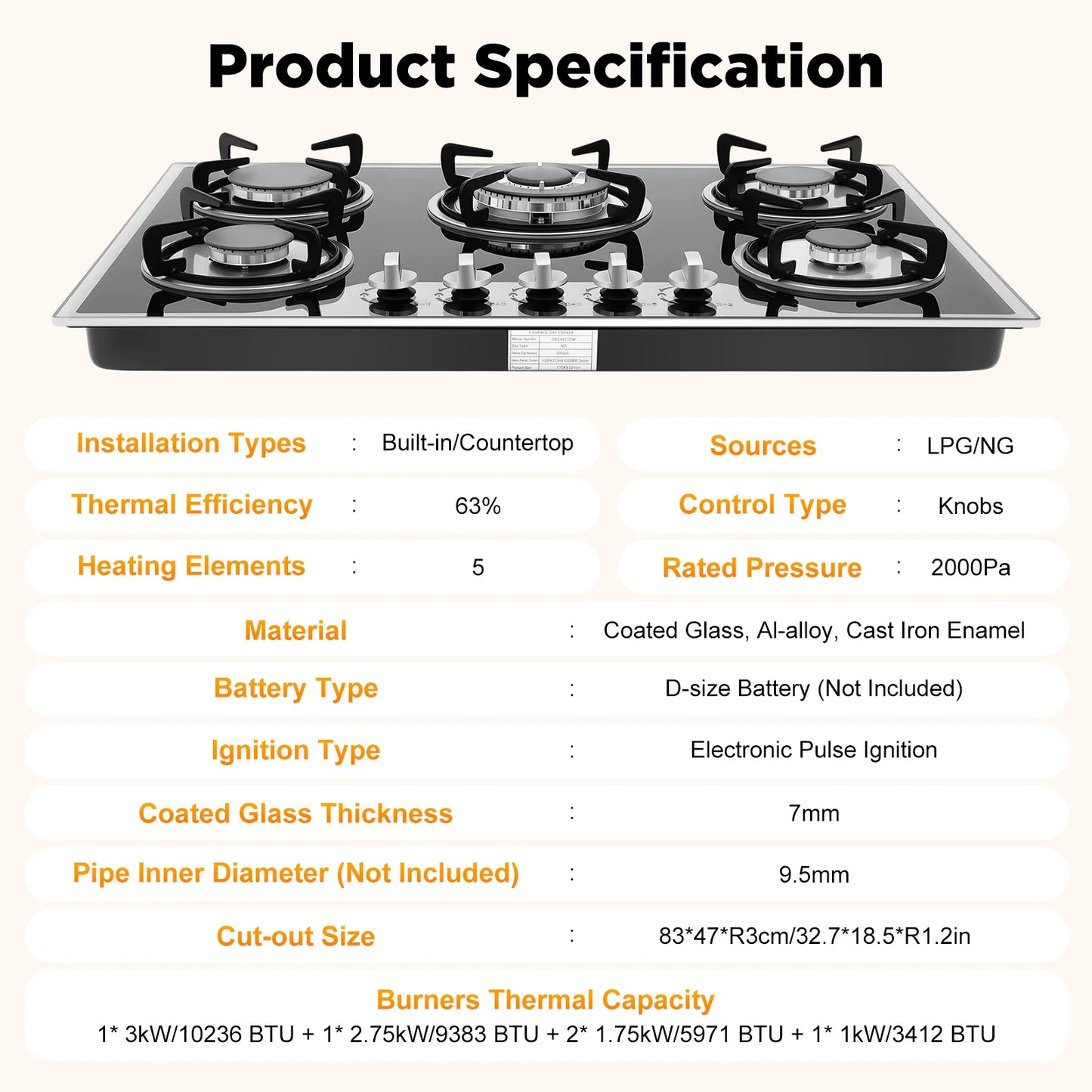 Bymaocar 5 Burners Built In Gas Stove Dual Fuel NG LPG Convertible Hob