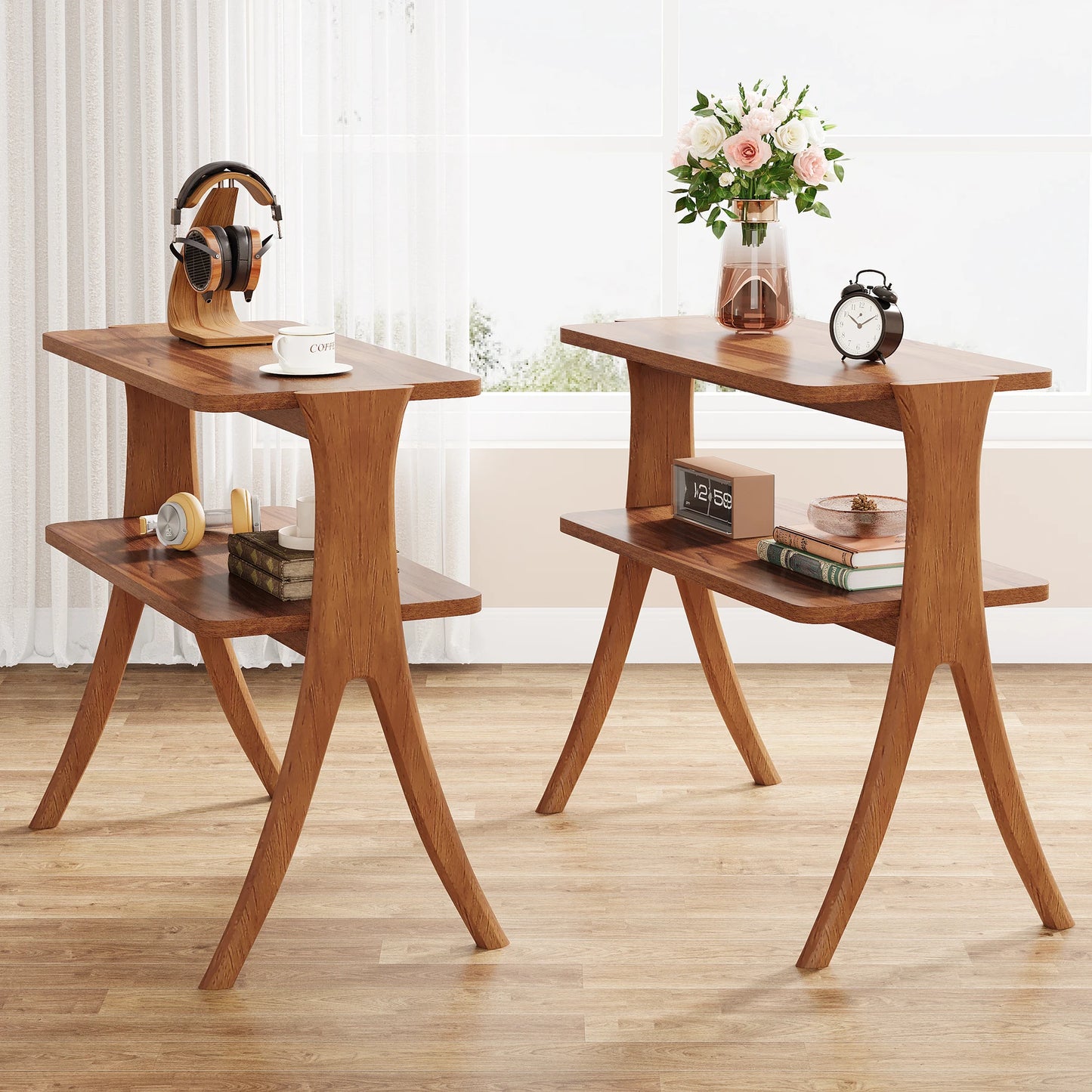 Tribesigns Walnut Side Table With Two Tier Storage Shelf