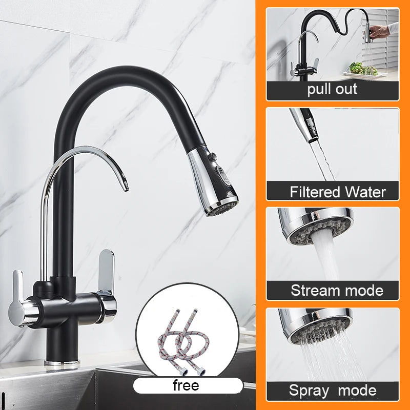 Myqualife Dual Handle Pull Out Kitchen Faucet For Pure Water