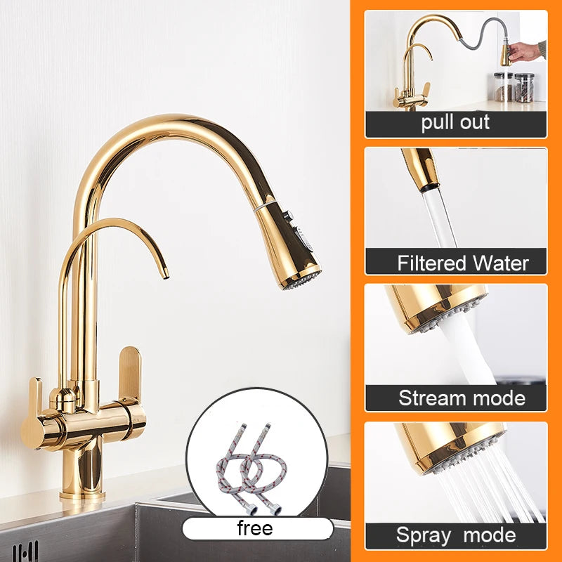 Myqualife Dual Handle Pull Out Kitchen Faucet For Pure Water