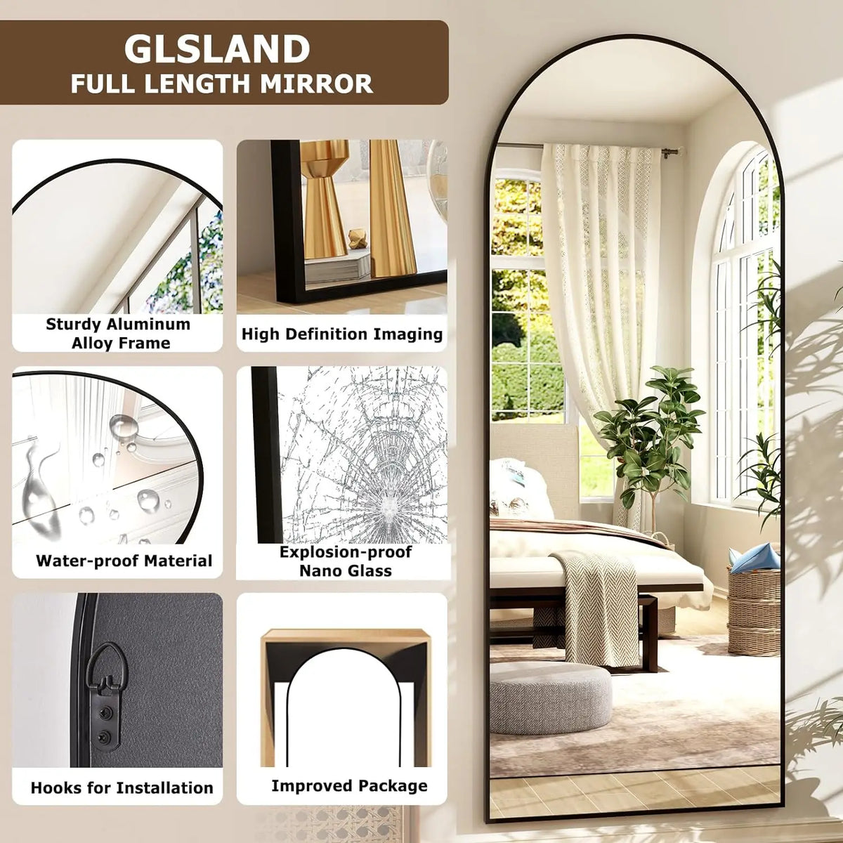 Beautypeak Arched Full Length Mirror Aluminum Frame