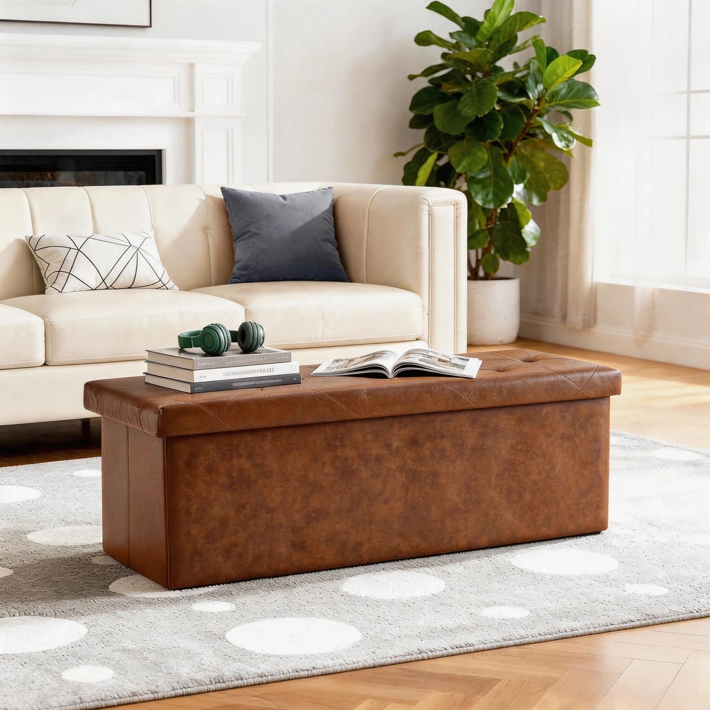 Tufted Faux Leather Folding Storage Bench Ottoman Heavy Duty