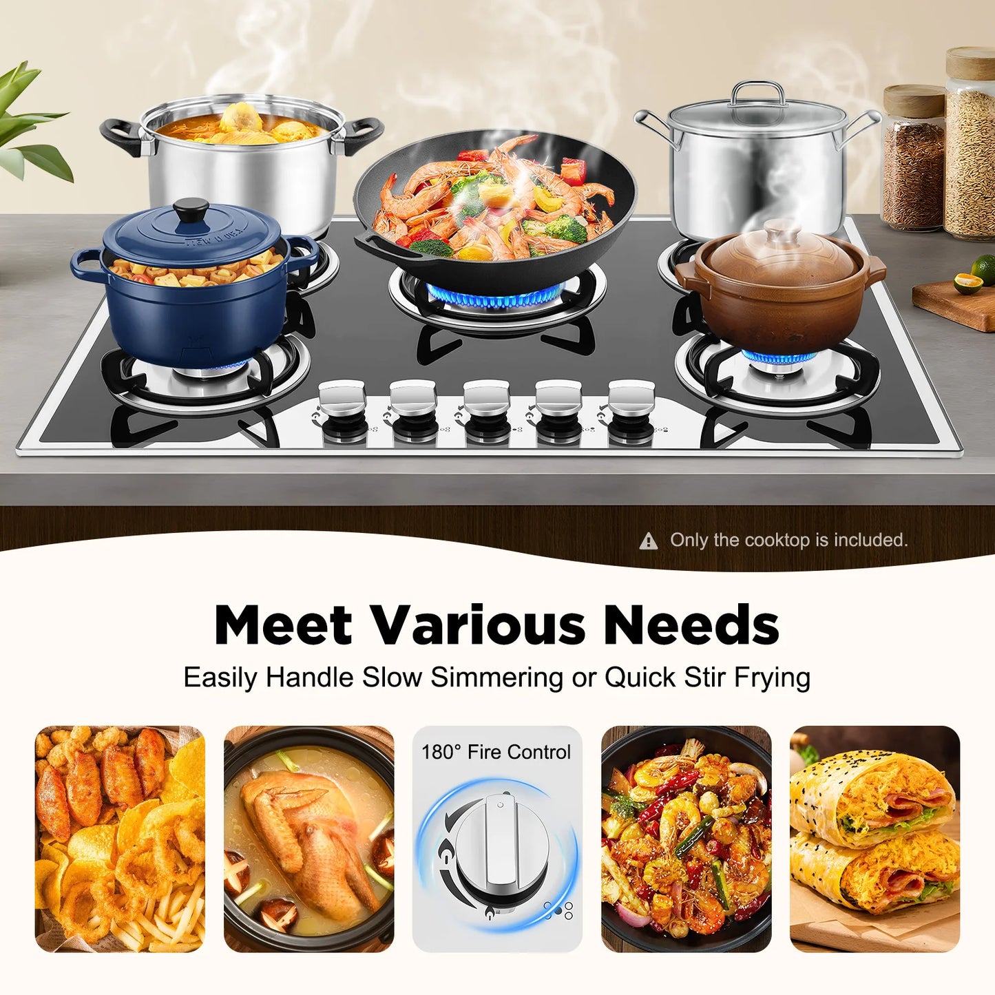Bymaocar 5 Burners Built In Gas Stove Dual Fuel NG LPG Convertible Hob