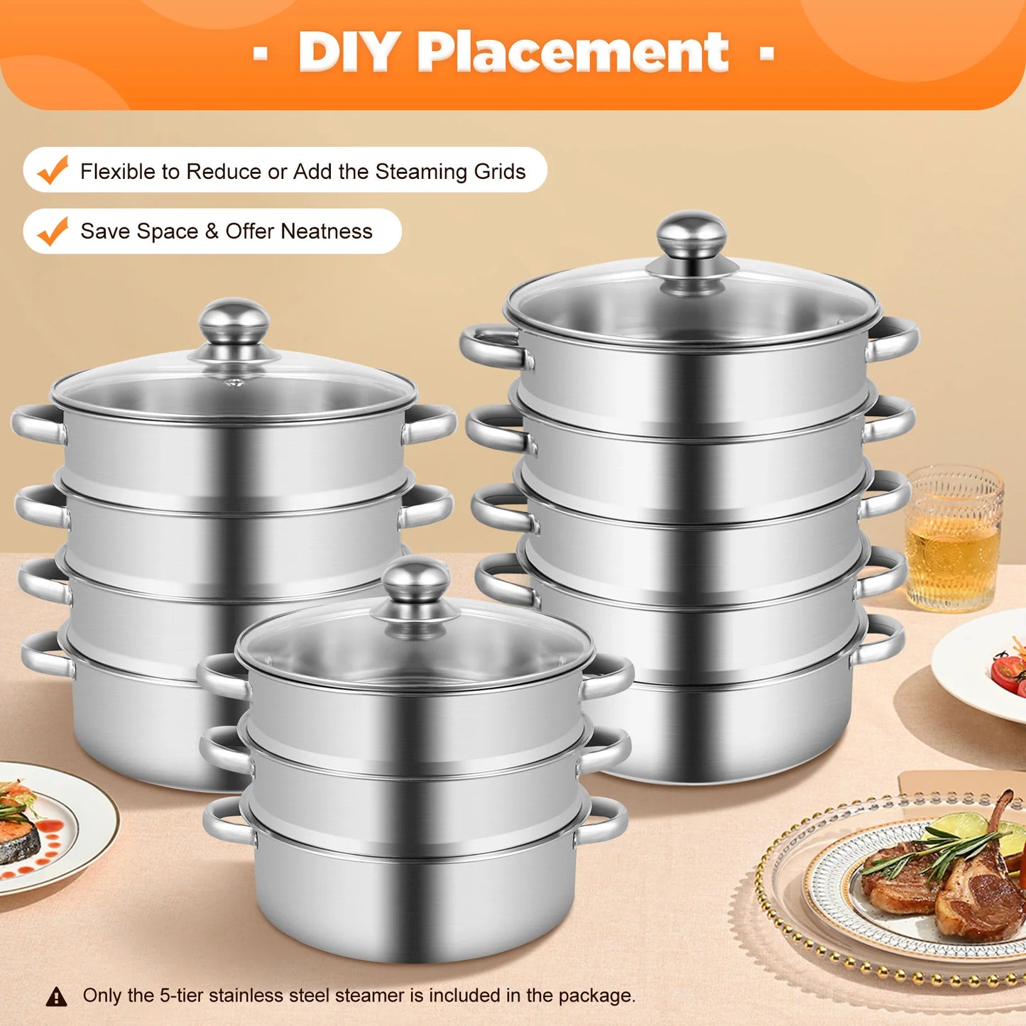 Five Layer Stainless Steel Steam Cooker With Glass Lid