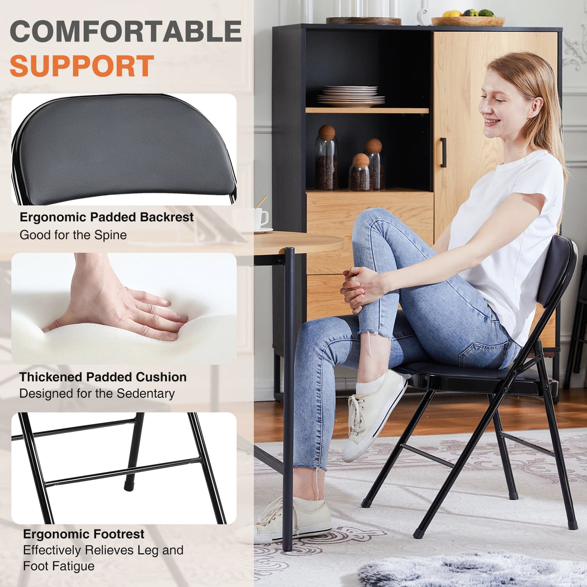 JHK Leather Padded Folding Dining Chair Set With Metal Frame