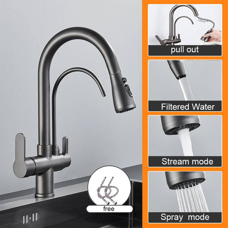 Myqualife Dual Handle Pull Out Kitchen Faucet For Pure Water