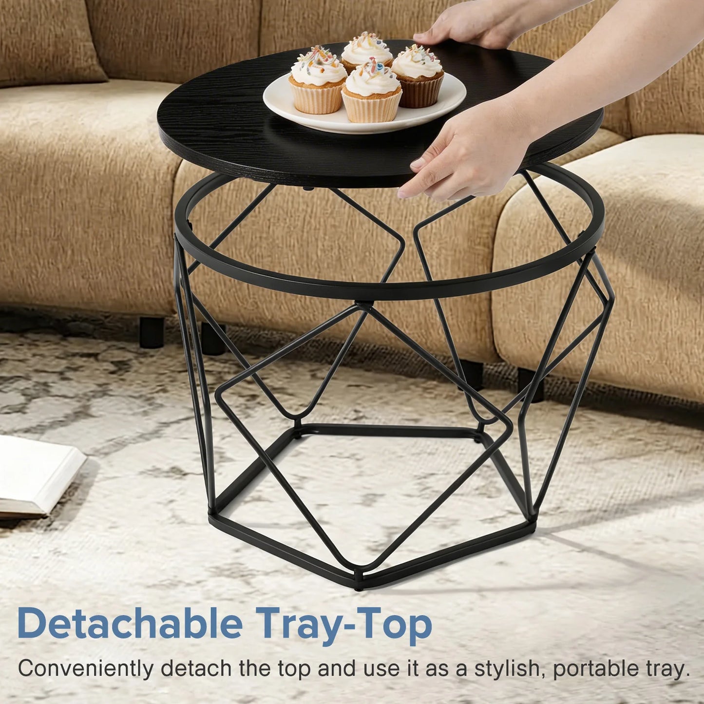 JHK Round Geometric Coffee Table Set With Hidden Storage