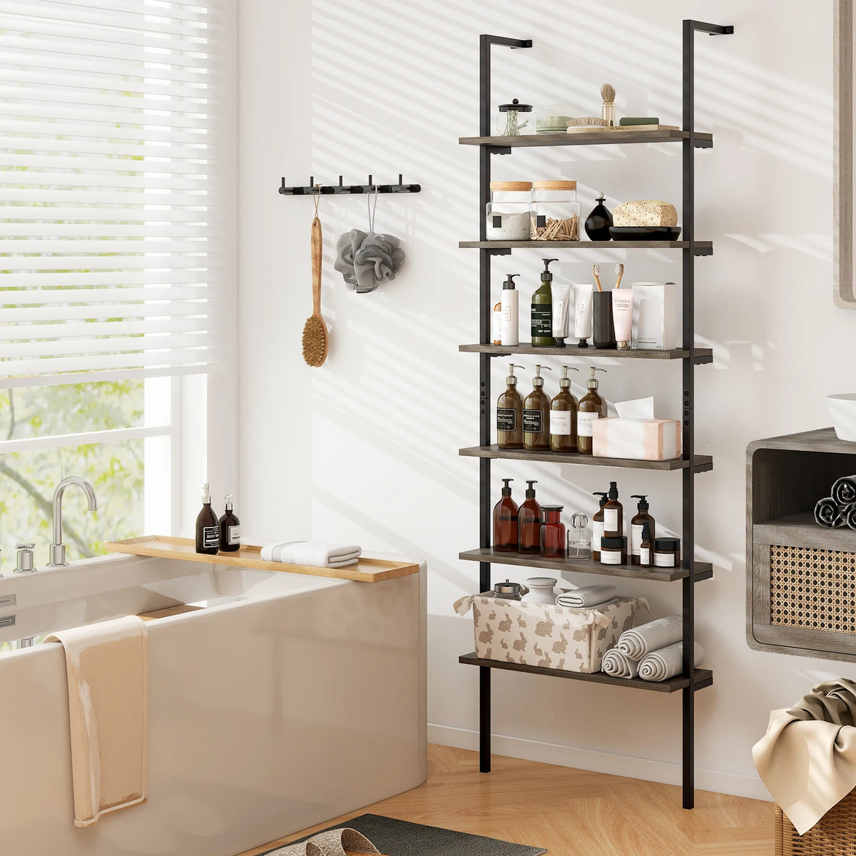 Homasis 6 Tier Wall Mounted Ladder Shelf Industrial Bookcase