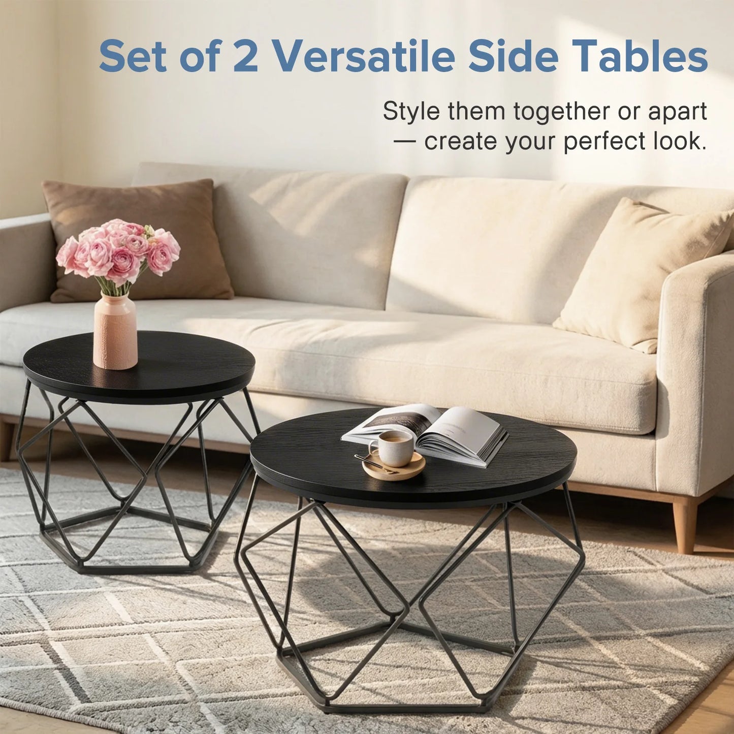 JHK Round Geometric Coffee Table Set With Hidden Storage