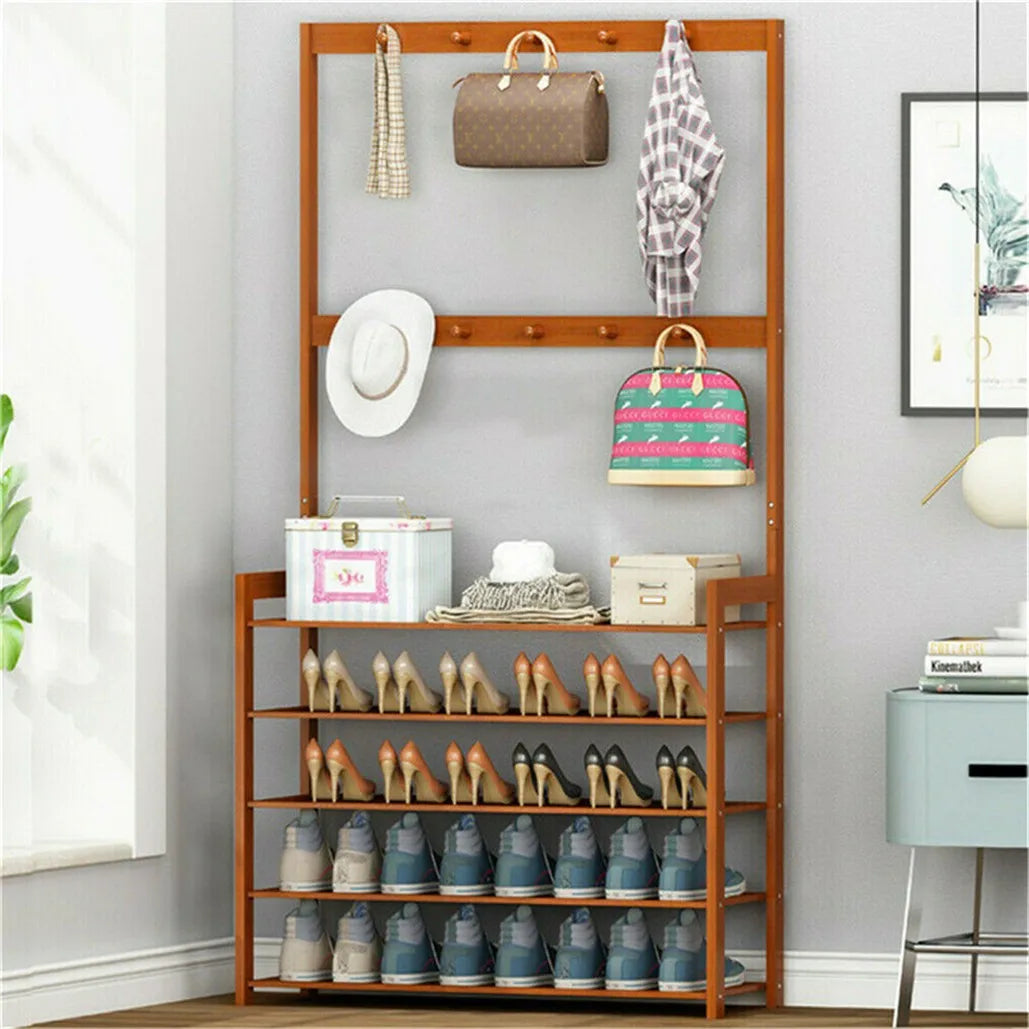 185 Cm Bamboo 5 Tier Hall Tree Coat Stand With 8 Hooks