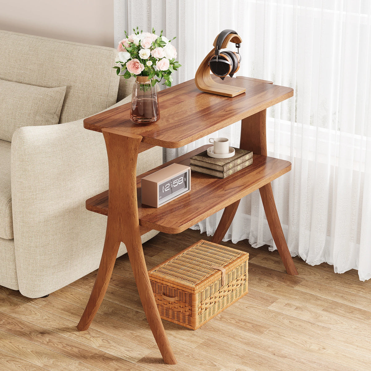 Tribesigns Walnut Side Table With Two Tier Storage Shelf