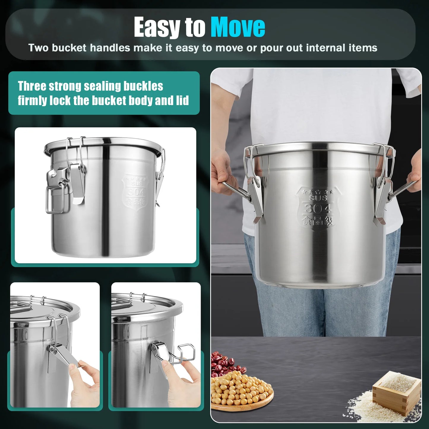 Bymaocar 12L Stainless Steel Airtight Kitchen Storage Bucket For Rice And Oil