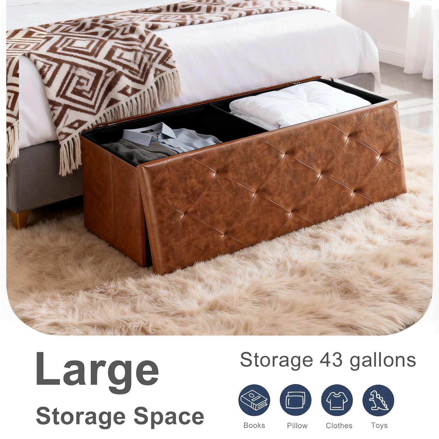 Tufted Faux Leather Folding Storage Bench Ottoman Heavy Duty