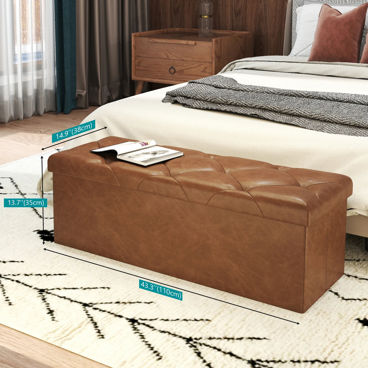 Tufted Faux Leather Folding Storage Bench Ottoman Heavy Duty
