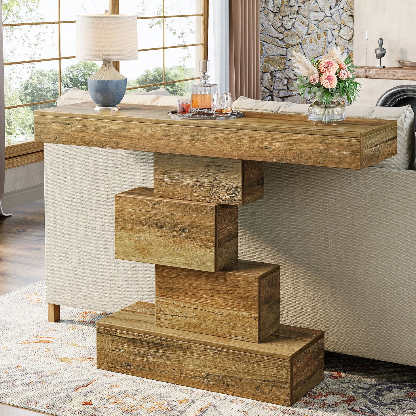 Tribesigns Farmhouse Console Table With Geometric Base And Storage