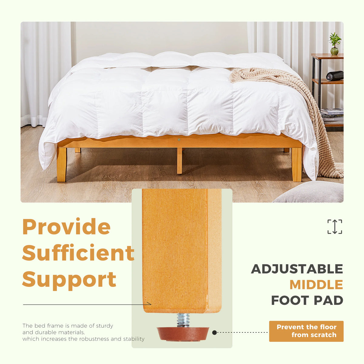 JHK Solid Wood Bed Frame With Sturdy Slat Support