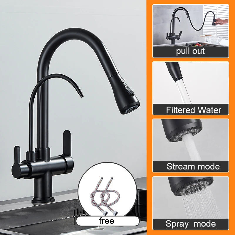 Myqualife Dual Handle Pull Out Kitchen Faucet For Pure Water