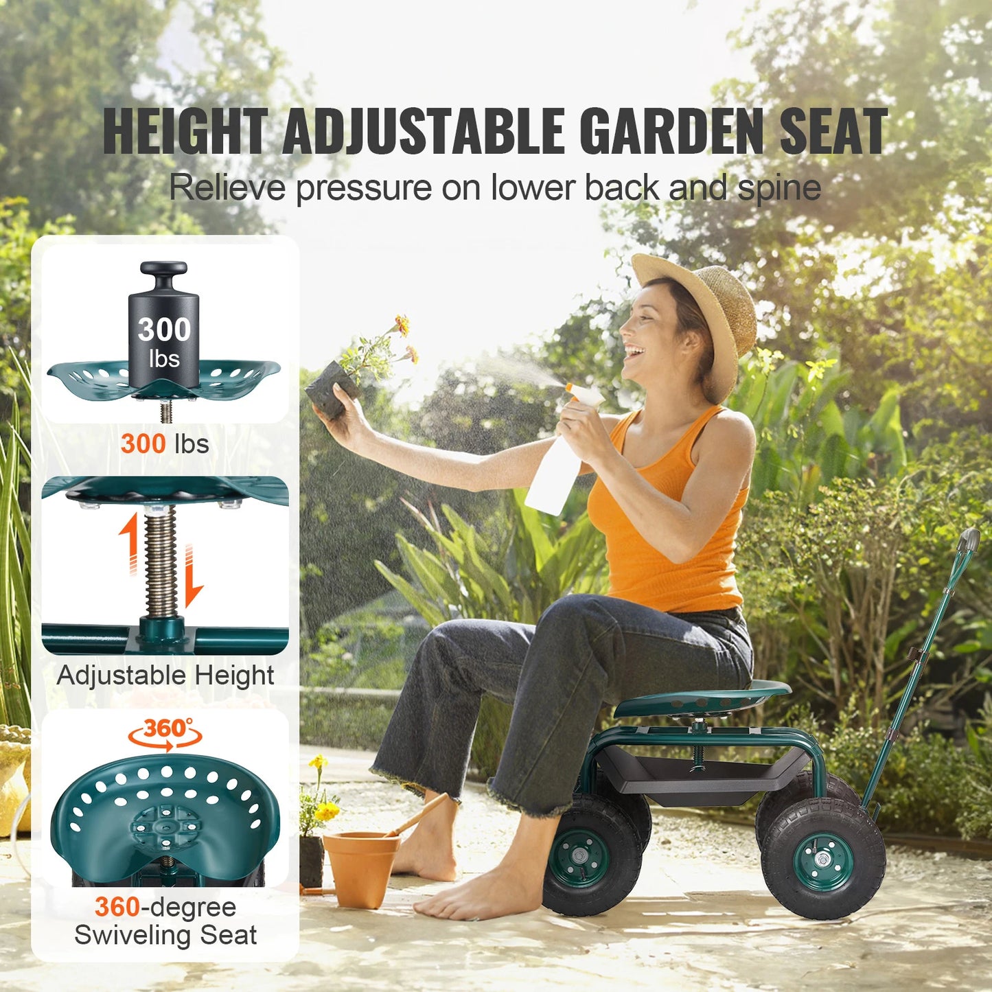 SucceBuy Swivel Seat Garden Cart With Rolling Wheels For Gardening