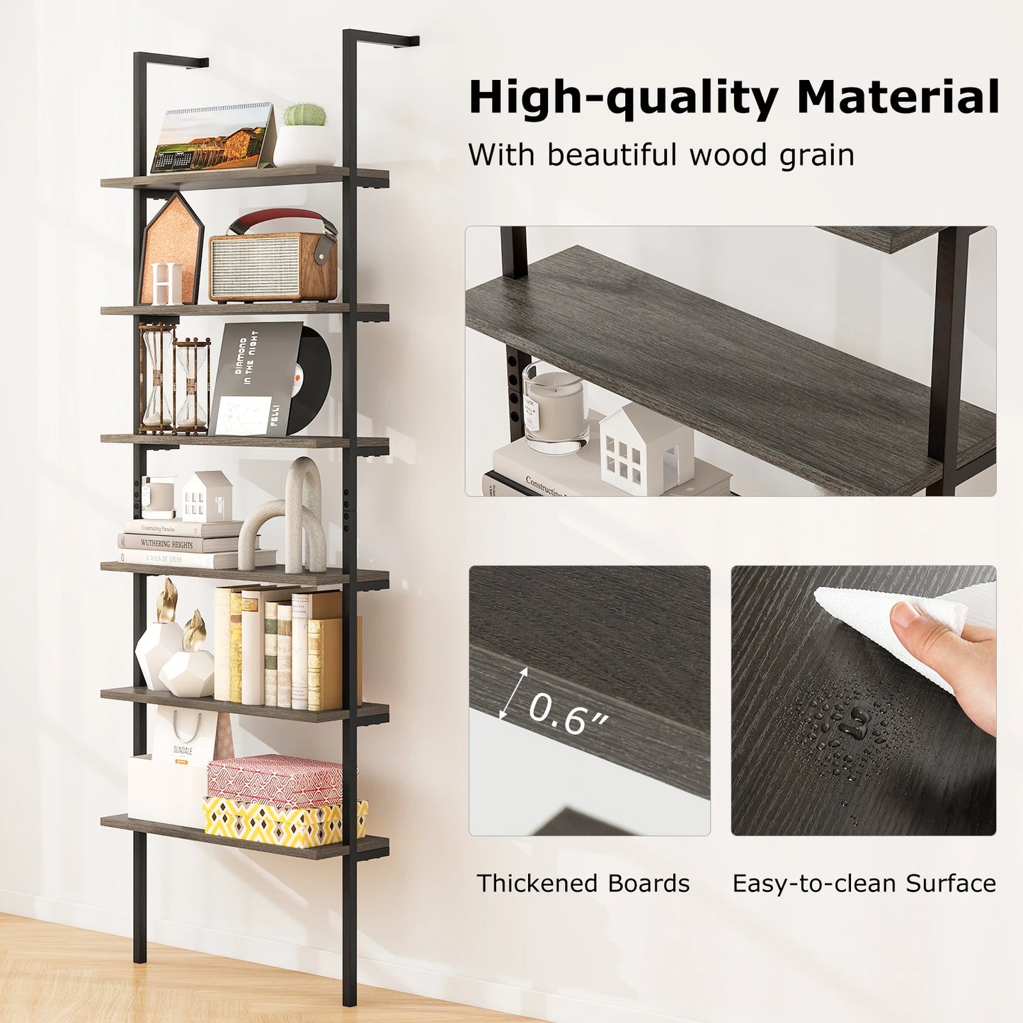 Homasis 6 Tier Wall Mounted Ladder Shelf Industrial Bookcase