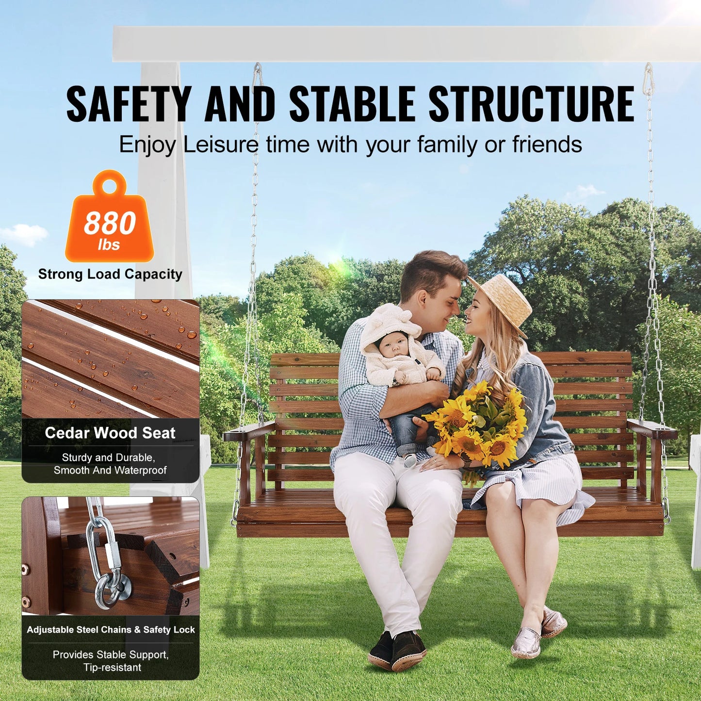 SucceBuy Outdoor Cedar Porch Swing Heavy Duty Patio Bench