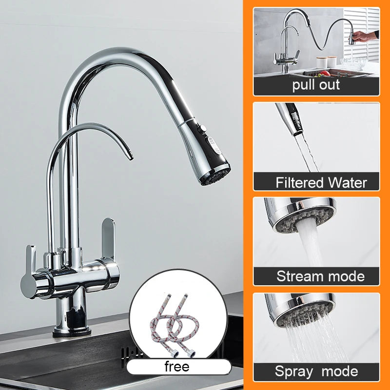 Myqualife Dual Handle Pull Out Kitchen Faucet For Pure Water