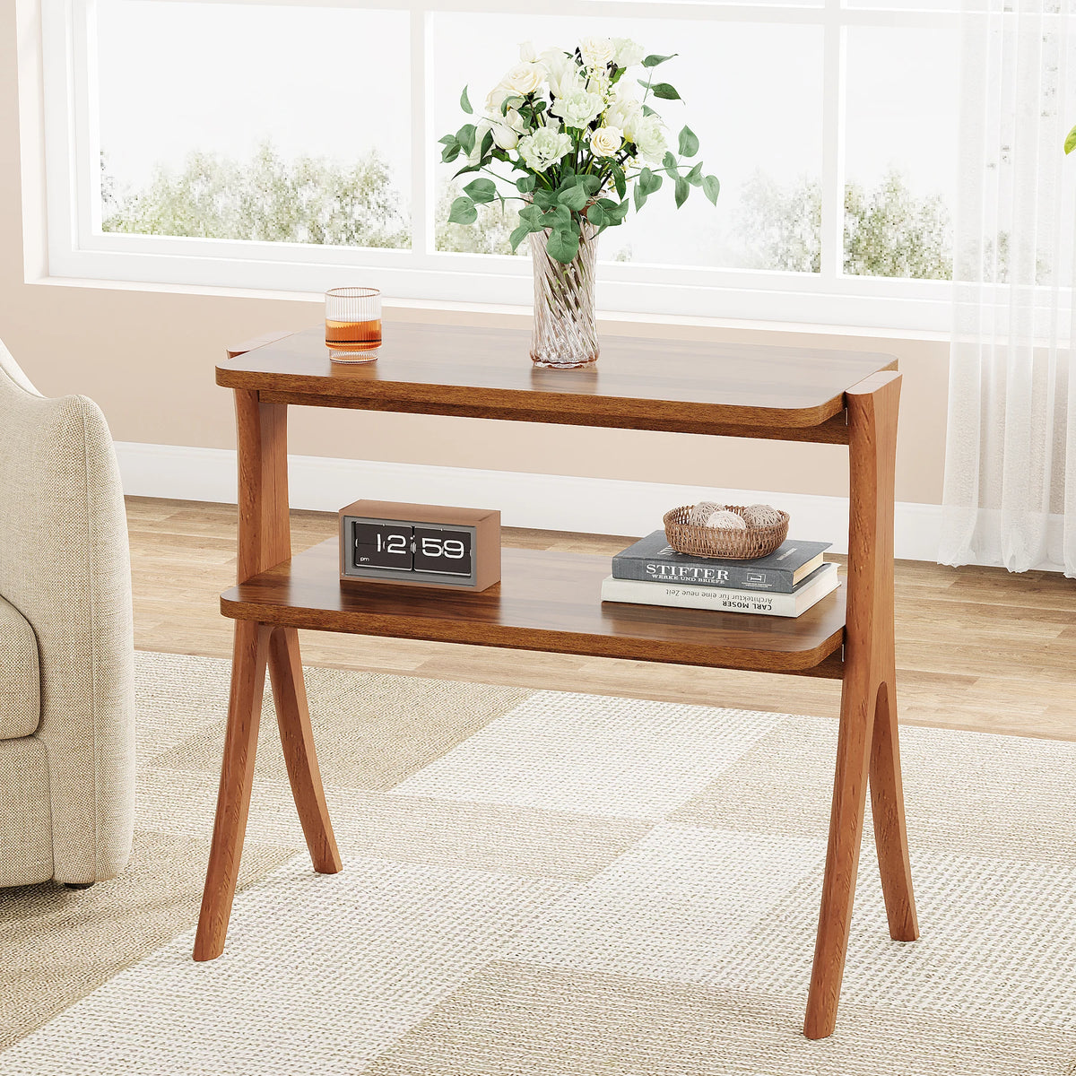 Tribesigns Walnut Side Table With Two Tier Storage Shelf