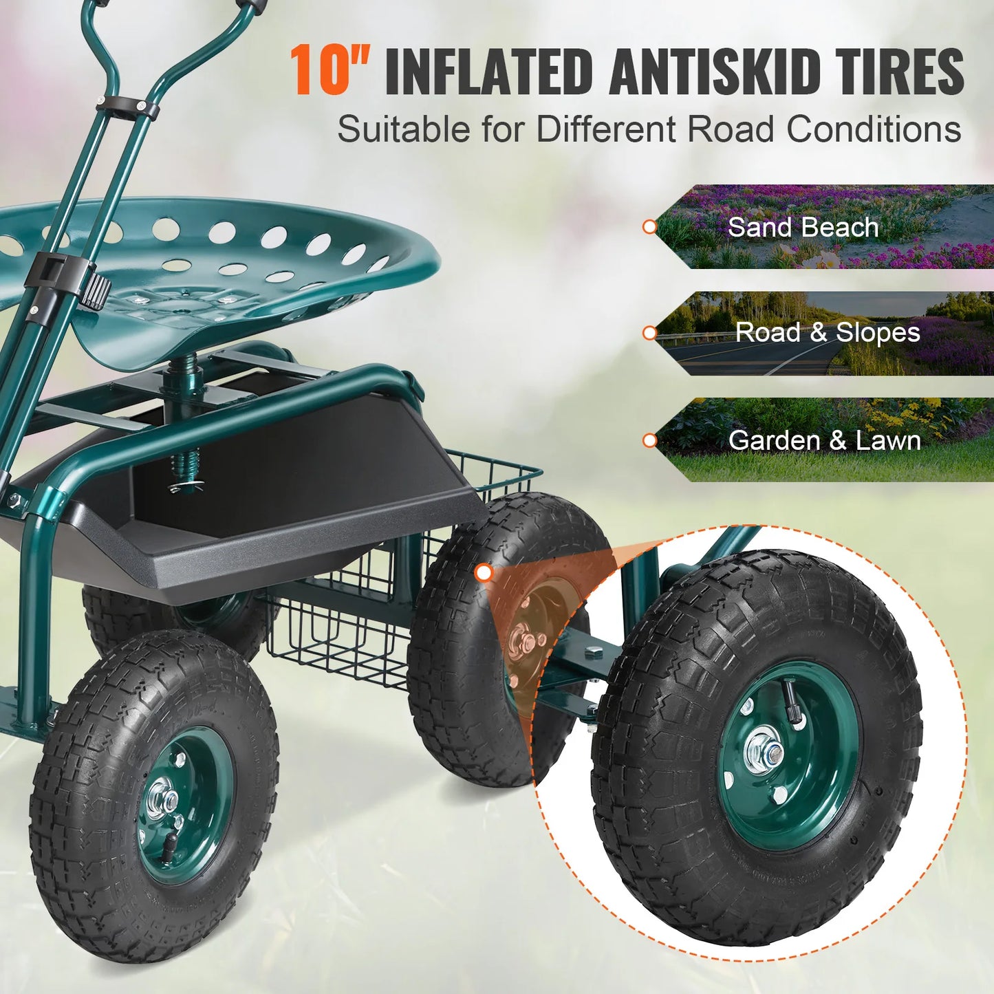 SucceBuy Swivel Seat Garden Cart With Rolling Wheels For Gardening
