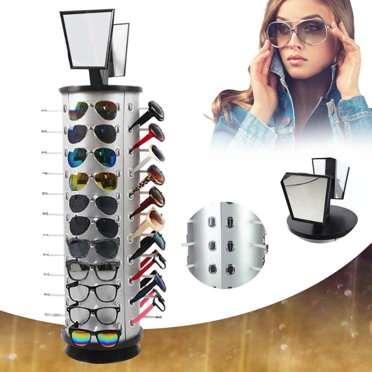 Freestanding Metal Sunglasses Display Stand With Mirror