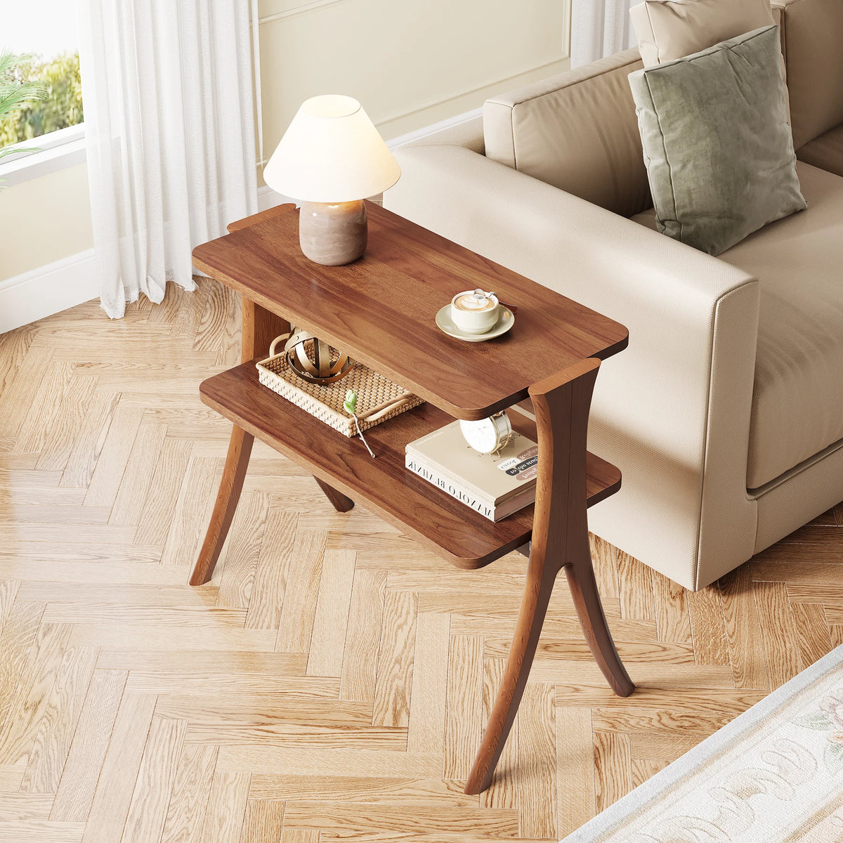 Tribesigns Walnut Side Table With Two Tier Storage Shelf