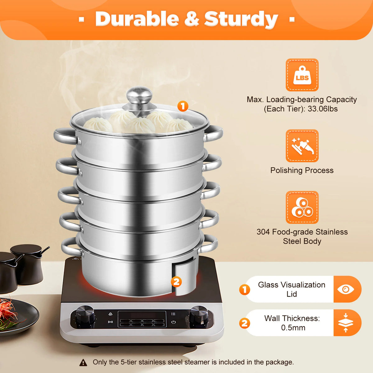 Five Layer Stainless Steel Steam Cooker With Glass Lid