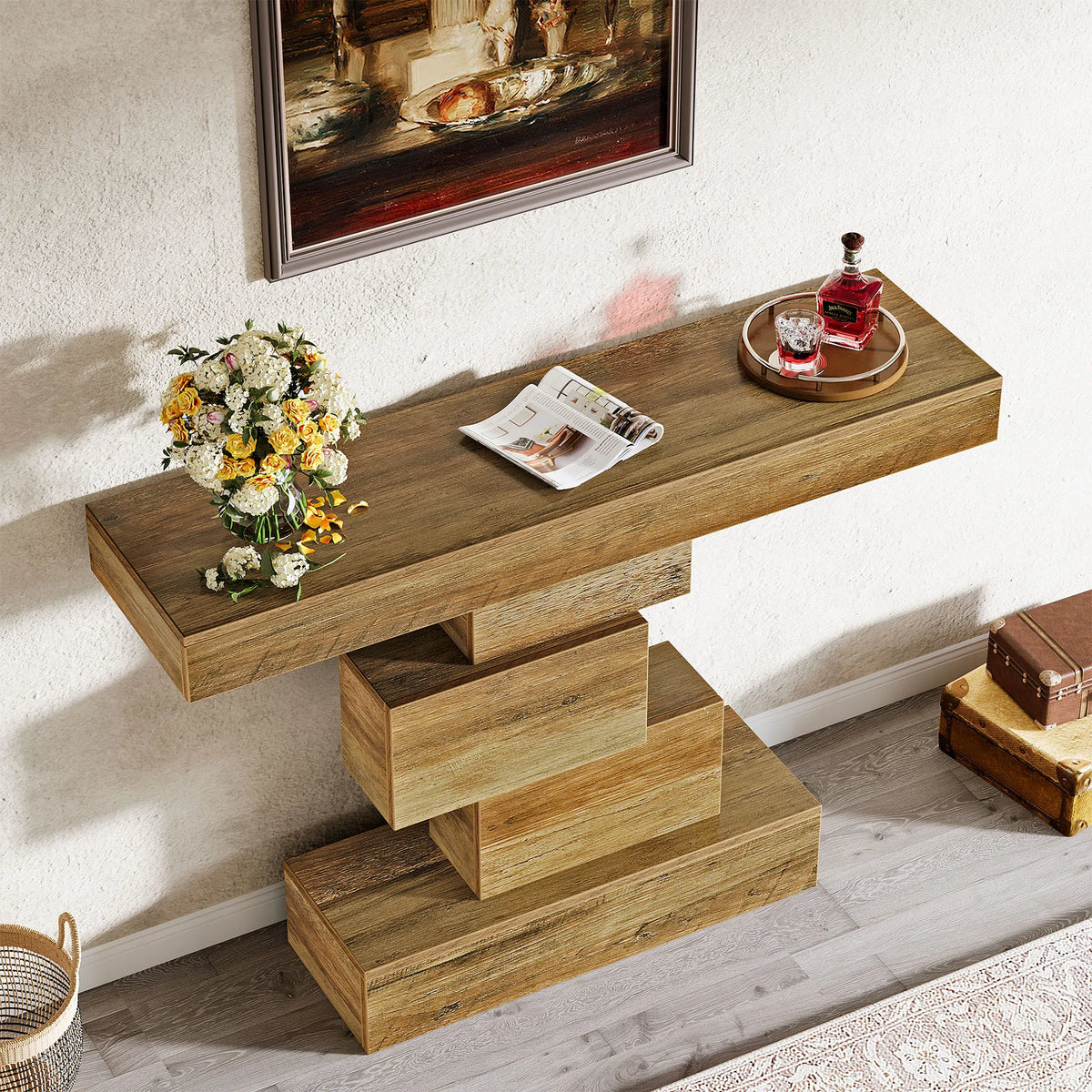 Tribesigns Farmhouse Console Table With Geometric Base And Storage