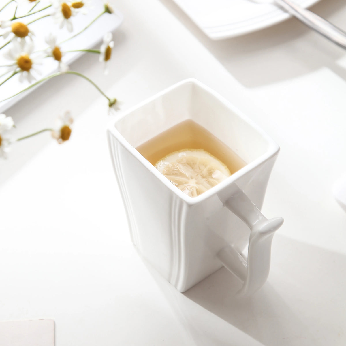 Malacasa Flora 6 Piece Square Ivory White Porcelain Ceramic Tea Espresso Mugs Set
