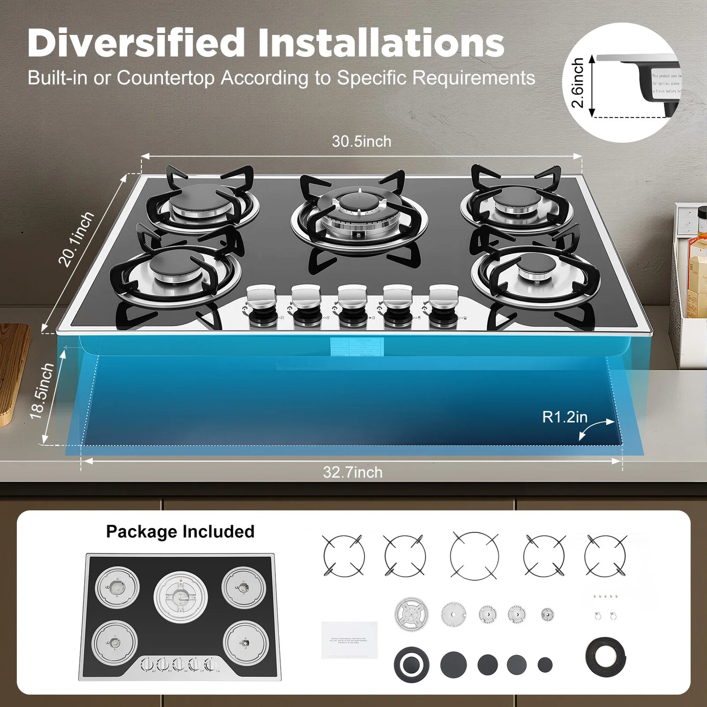 Bymaocar 5 Burners Built In Gas Stove Dual Fuel NG LPG Convertible Hob