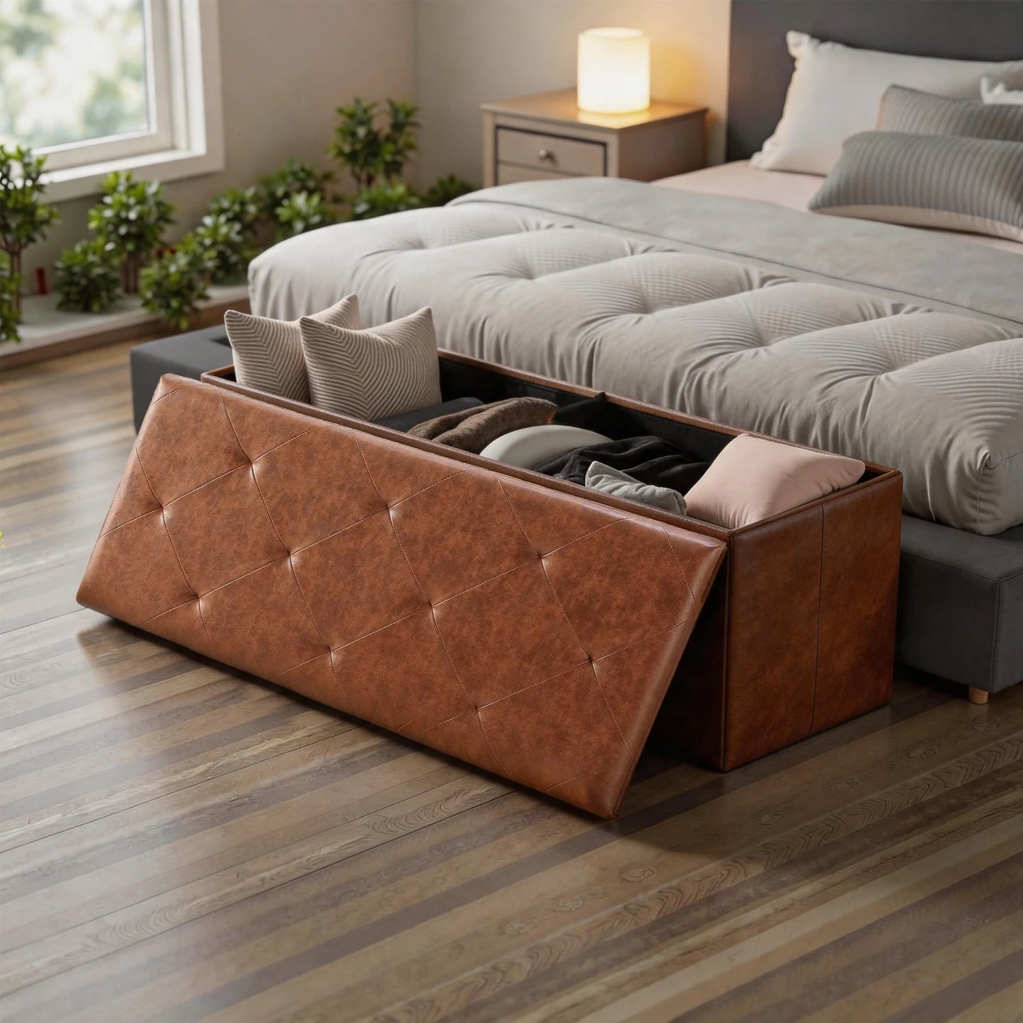 Tufted Faux Leather Folding Storage Bench Ottoman Heavy Duty