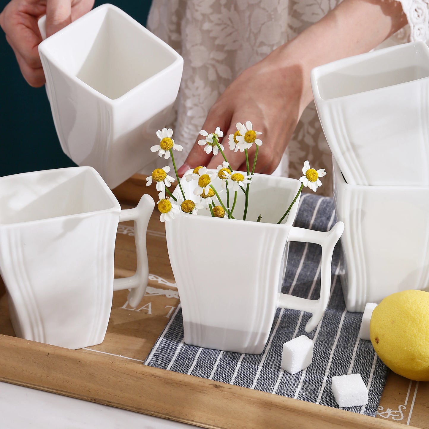 Malacasa Flora 6 Piece Square Ivory White Porcelain Ceramic Tea Espresso Mugs Set