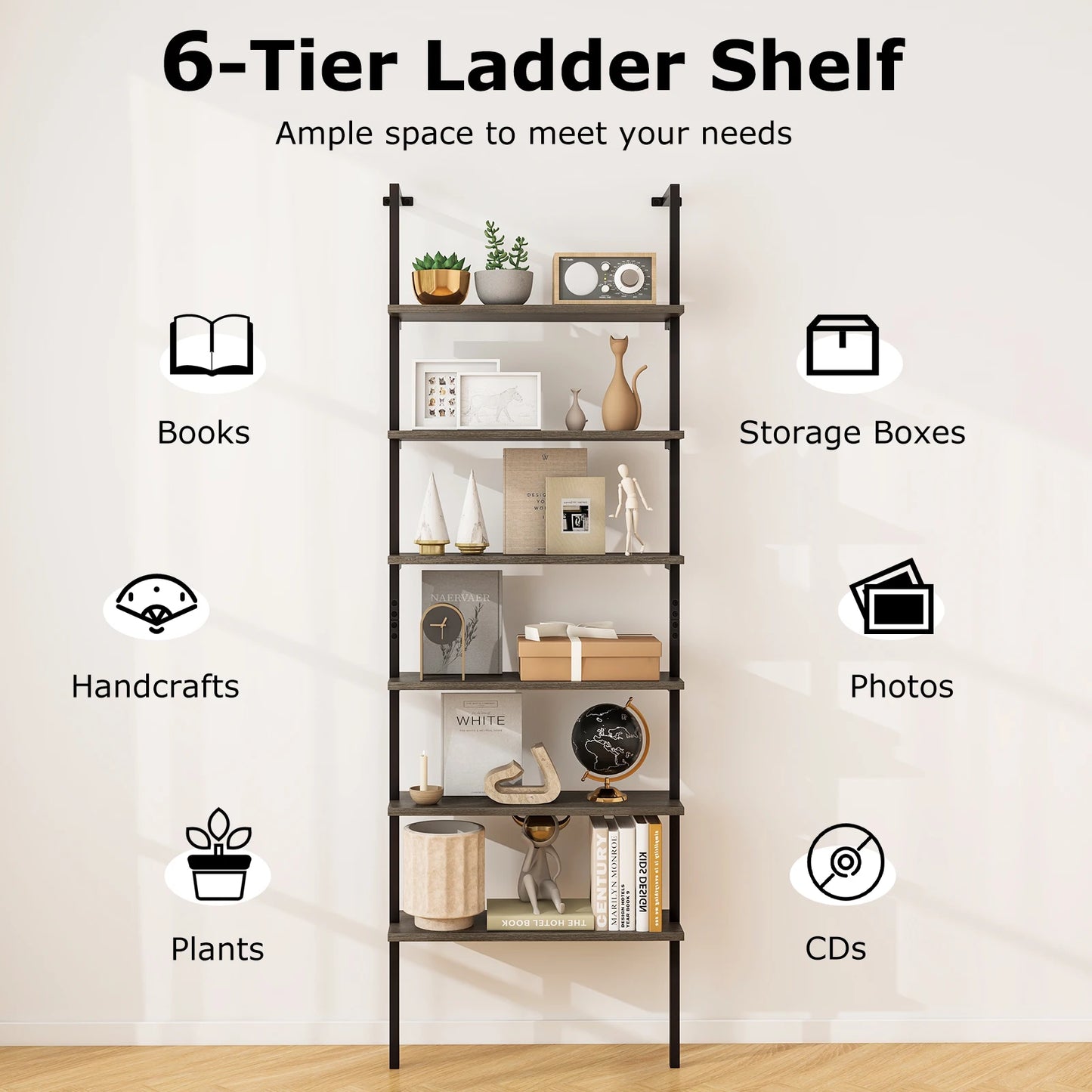 Homasis 6 Tier Wall Mounted Ladder Shelf Industrial Bookcase