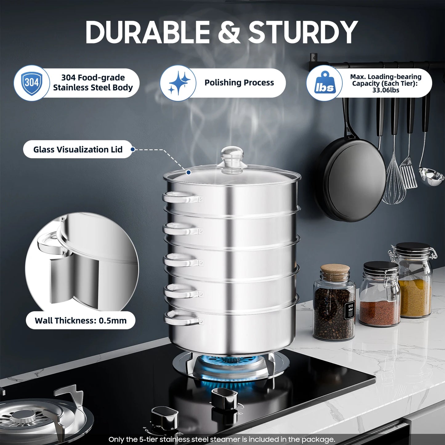 Five Layer Stainless Steel Steam Cooker With Glass Lid