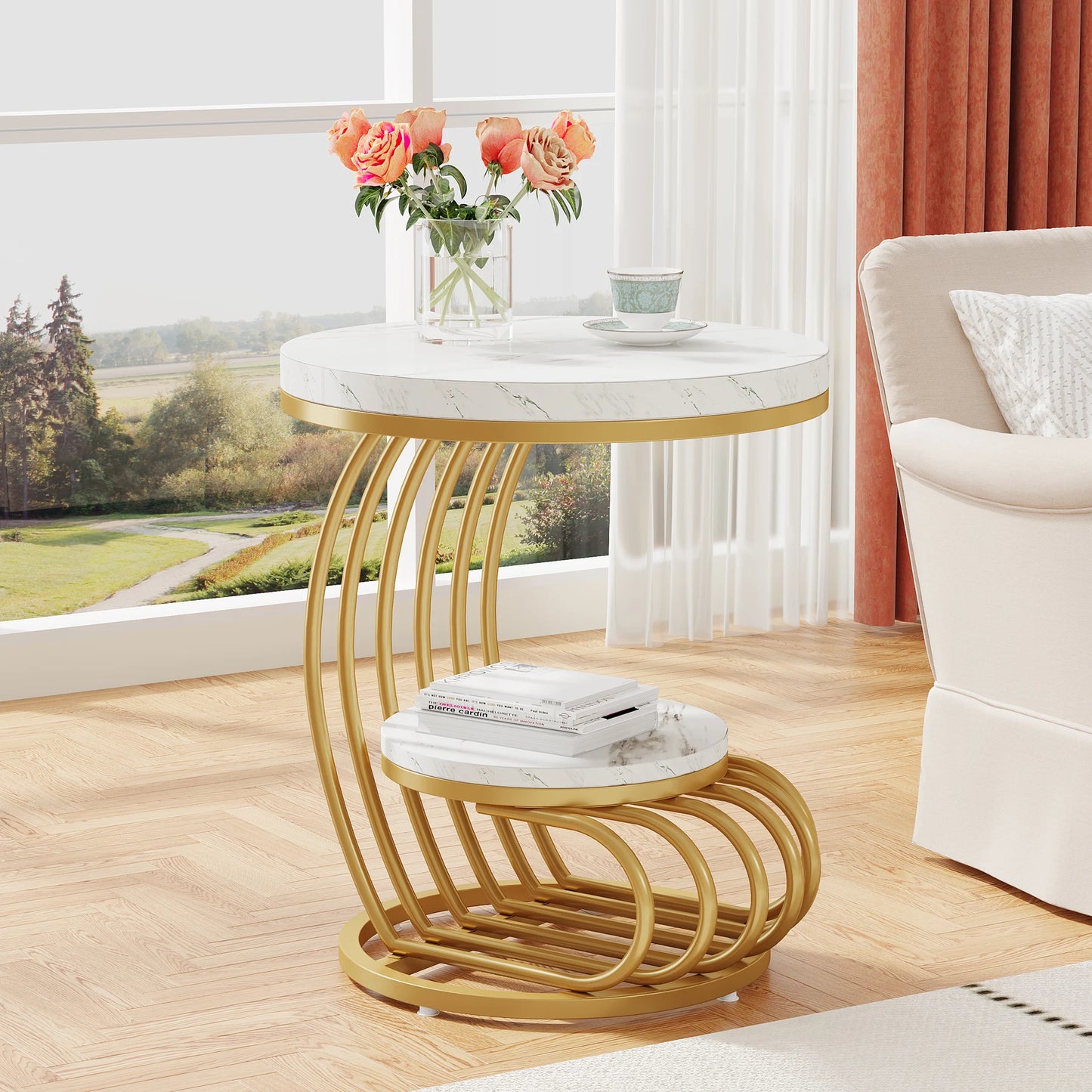 Tribesigns Modern Round Faux Marble End Table With Storage Shelf