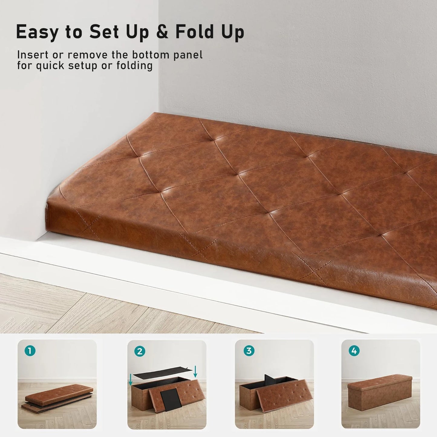 Tufted Faux Leather Folding Storage Bench Ottoman Heavy Duty