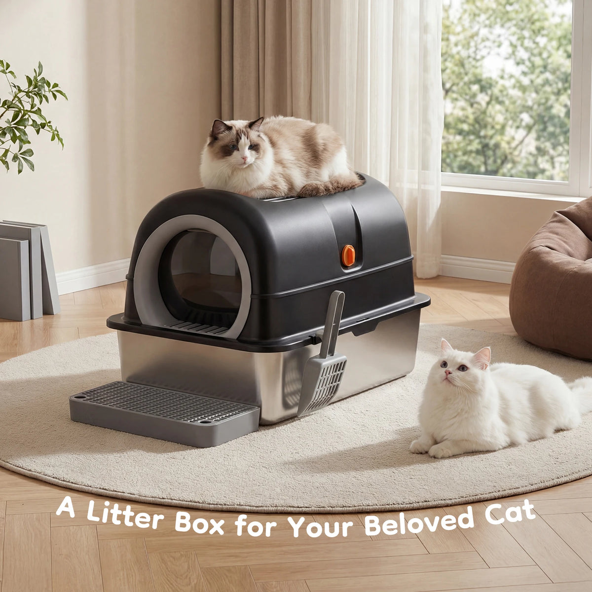 Jhk 24 Inch Stainless Steel Fully Enclosed Large Cat Litter Box with Scoop