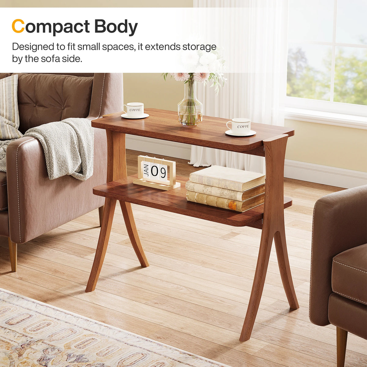 Tribesigns Walnut Side Table With Two Tier Storage Shelf