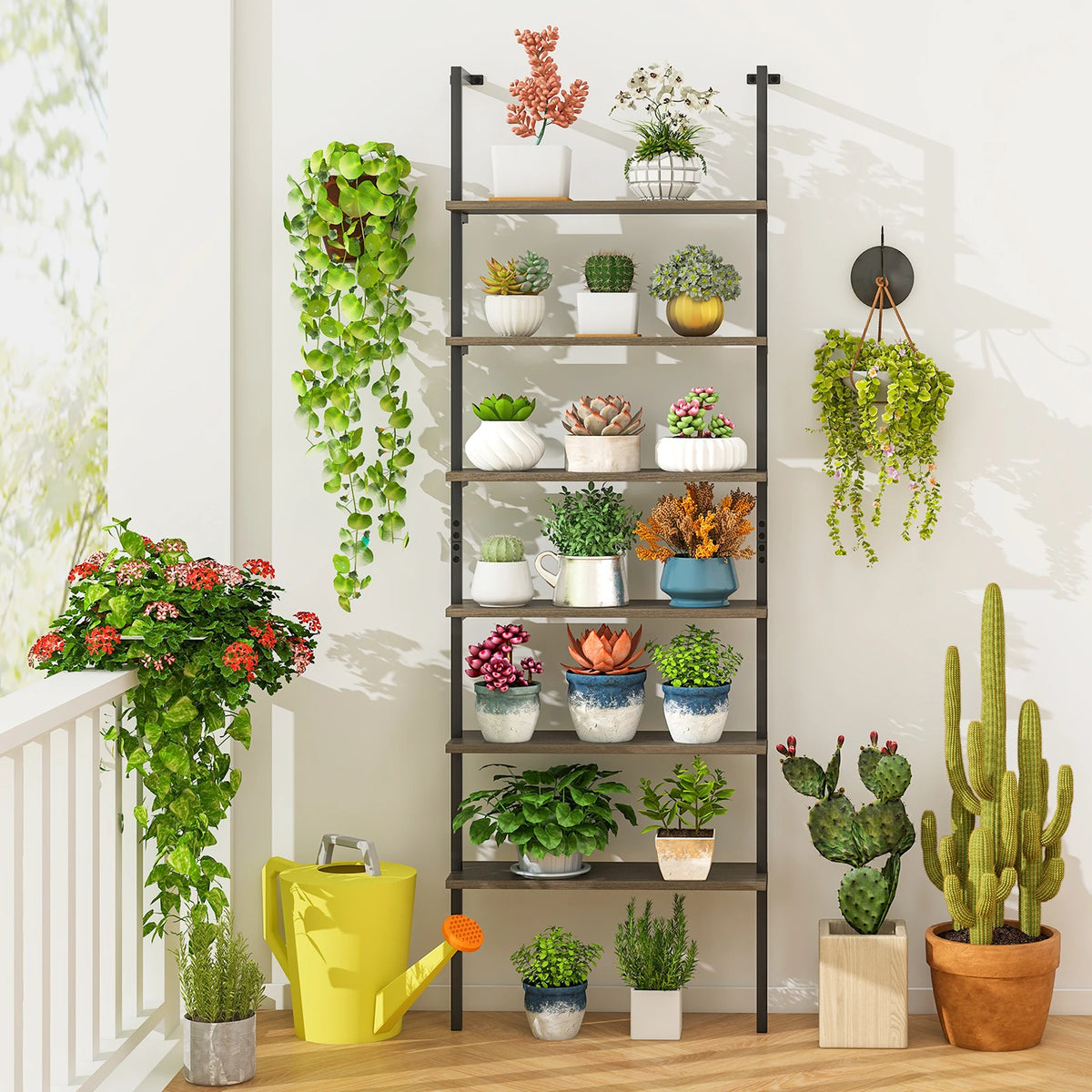 Homasis 6 Tier Wall Mounted Ladder Shelf Industrial Bookcase