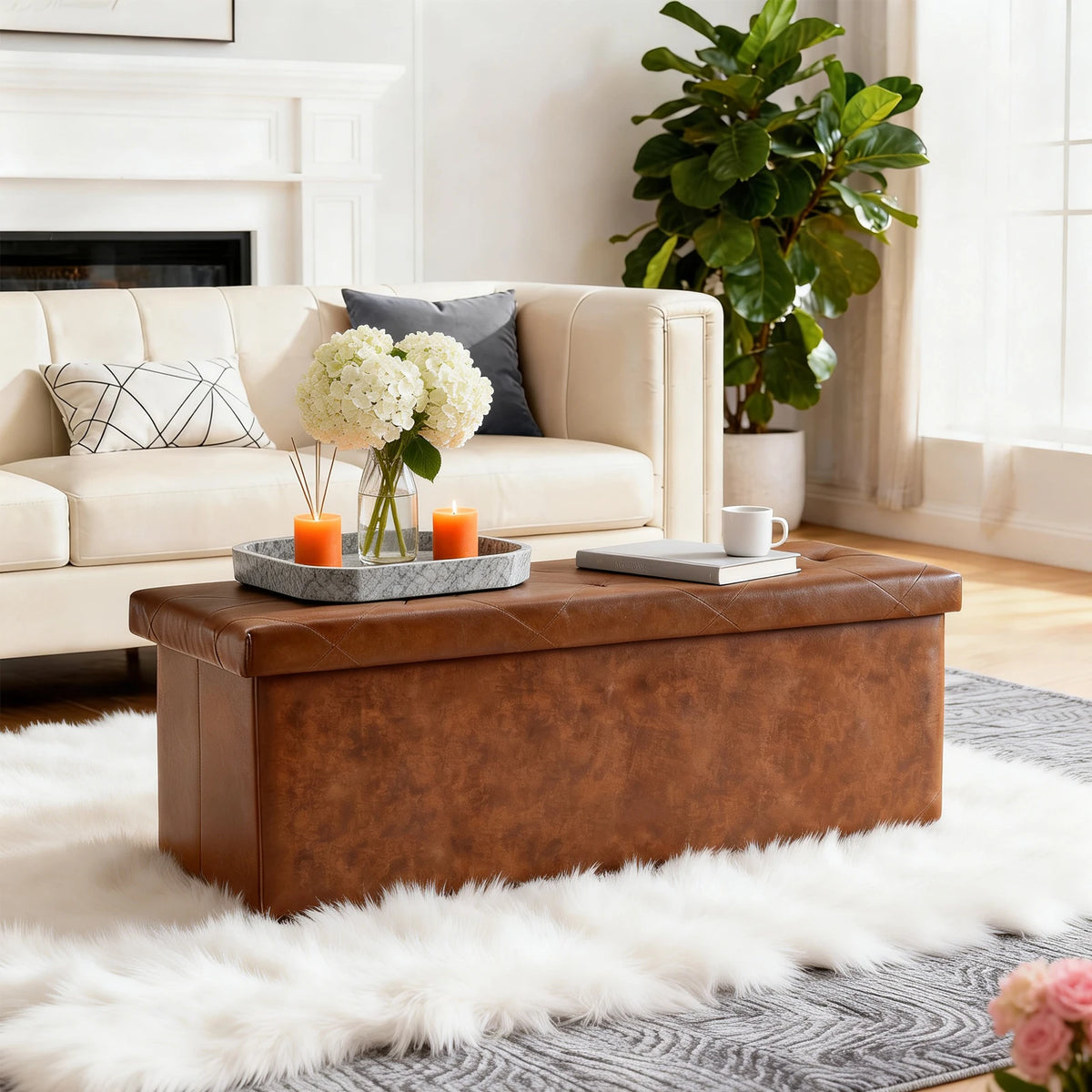 Tufted Faux Leather Folding Storage Bench Ottoman Heavy Duty
