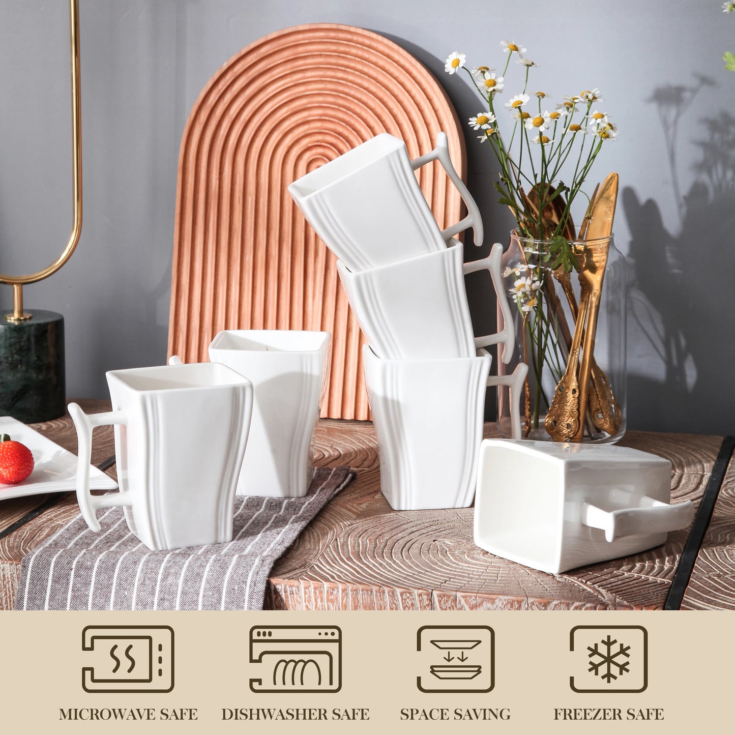 Malacasa Flora 6 Piece Square Ivory White Porcelain Ceramic Tea Espresso Mugs Set