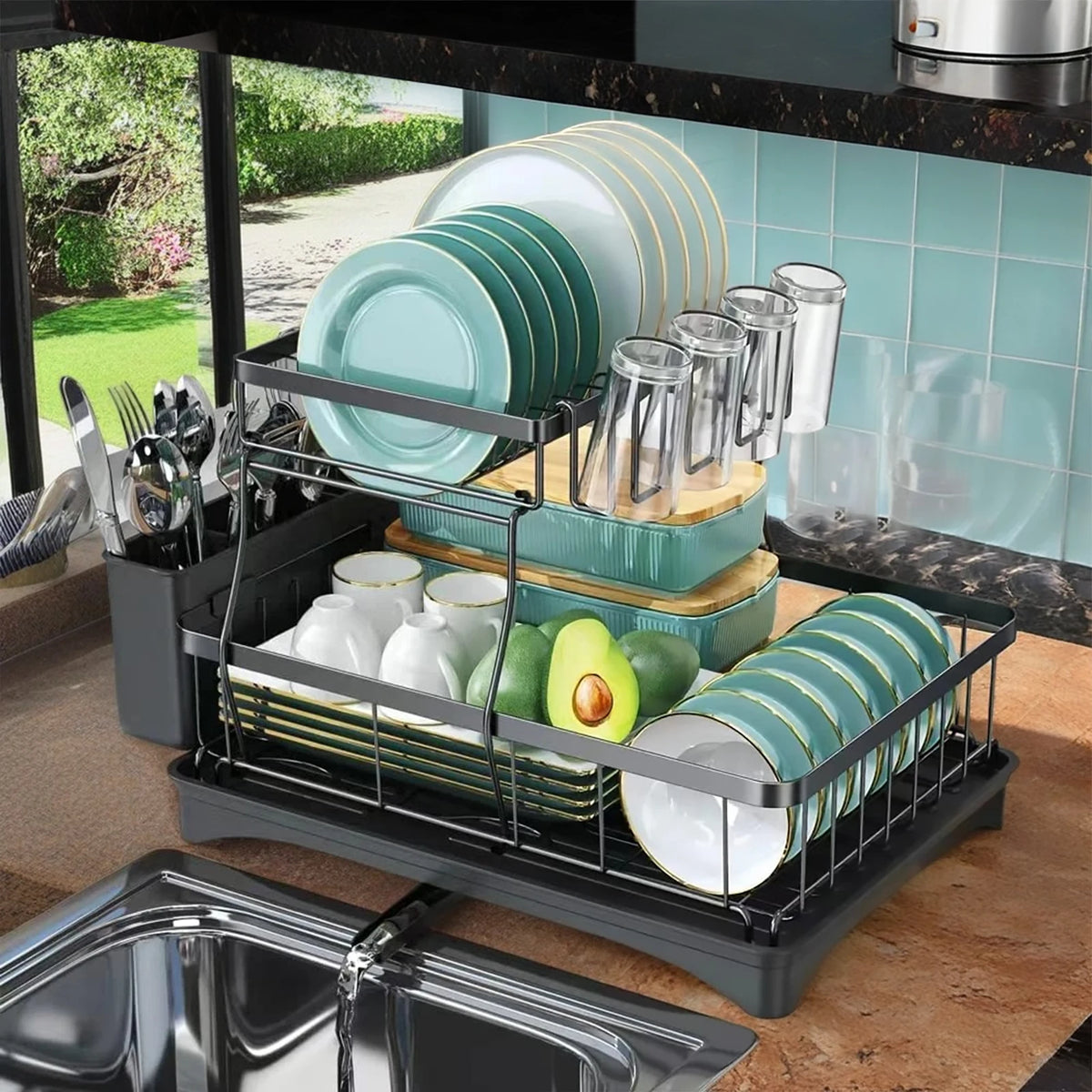 Large Two Tier Metal Dish Drying Rack For Kitchen Countertop