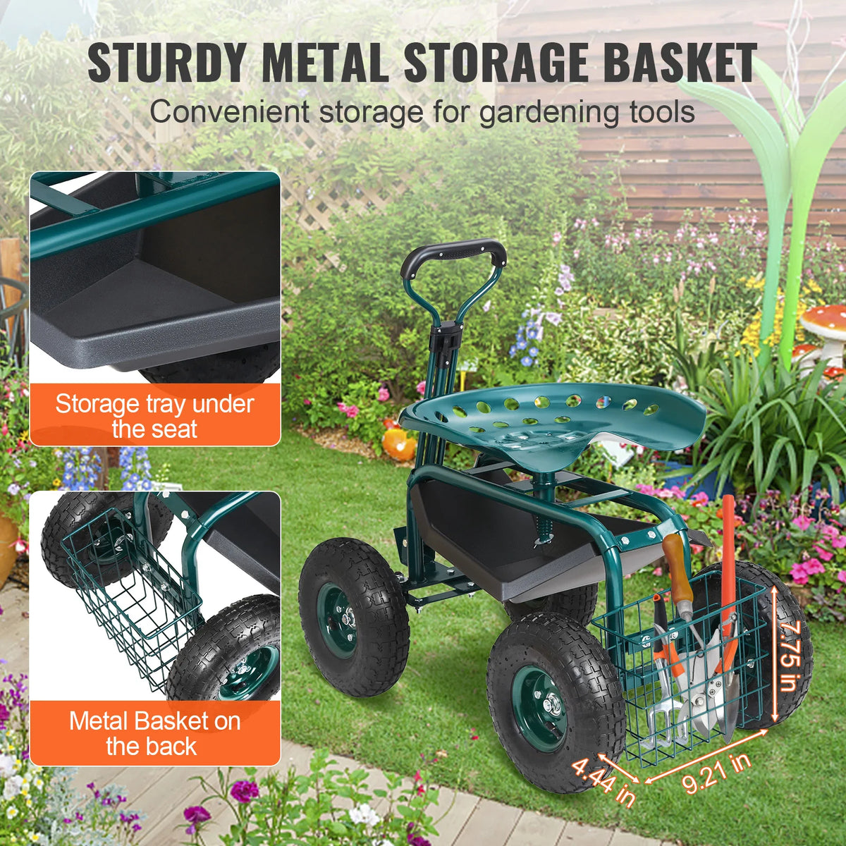 SucceBuy Swivel Seat Garden Cart With Rolling Wheels For Gardening