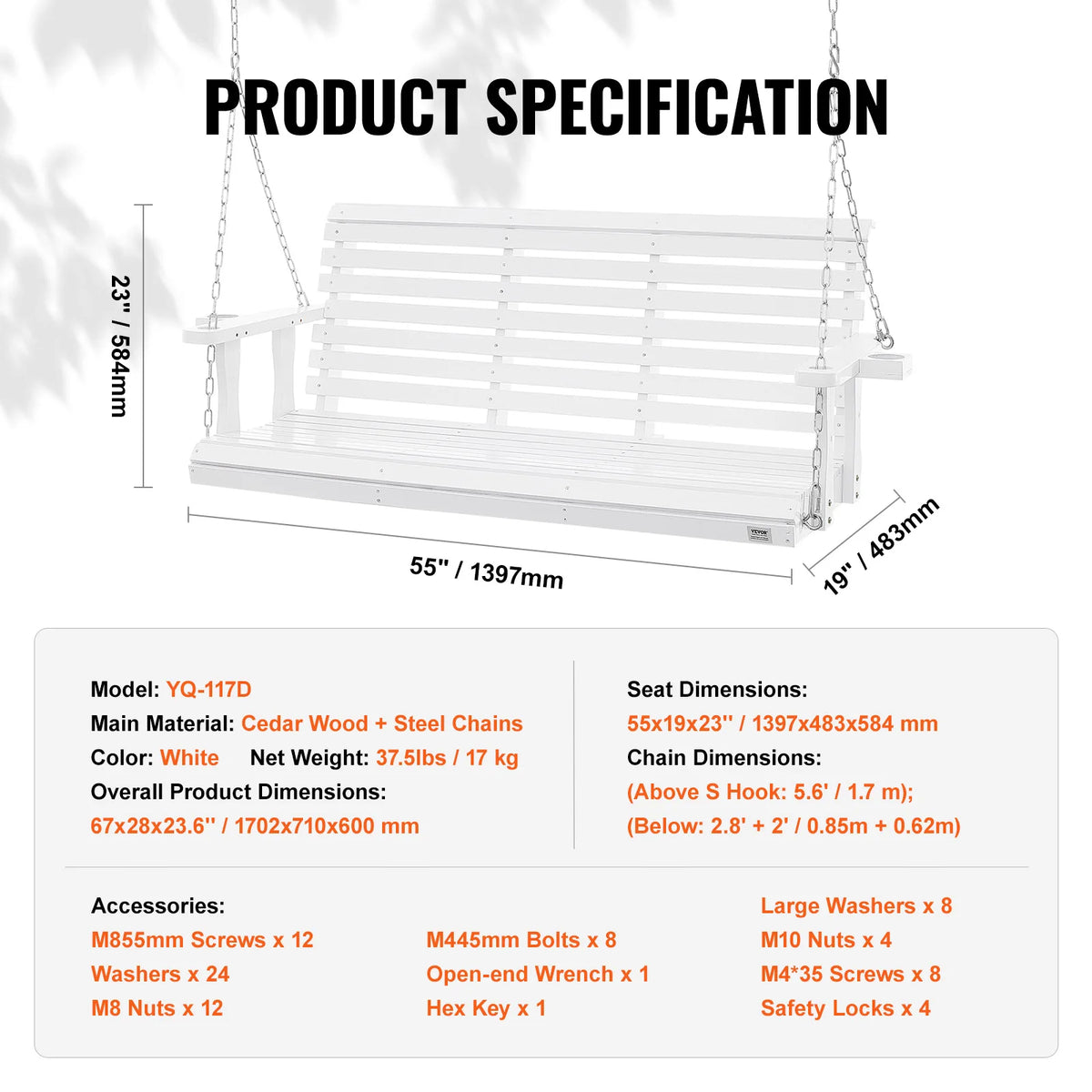 SucceBuy Outdoor Cedar Porch Swing Heavy Duty Patio Bench
