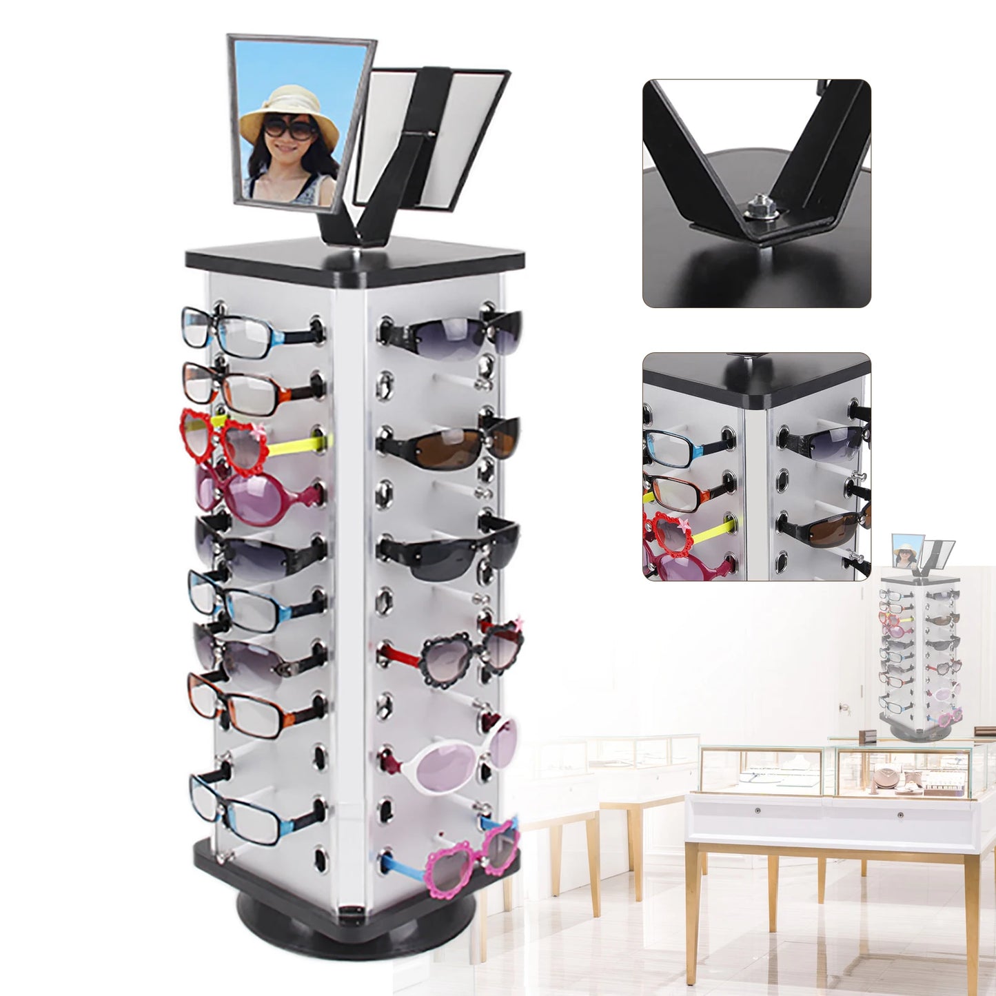 Freestanding Metal Sunglasses Display Stand With Mirror