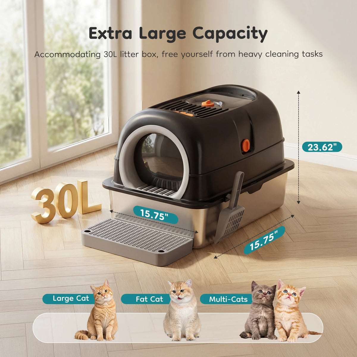 Jhk 24 Inch Stainless Steel Fully Enclosed Large Cat Litter Box with Scoop